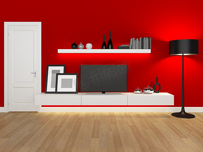带电视柜和书柜的红色客厅-渲染