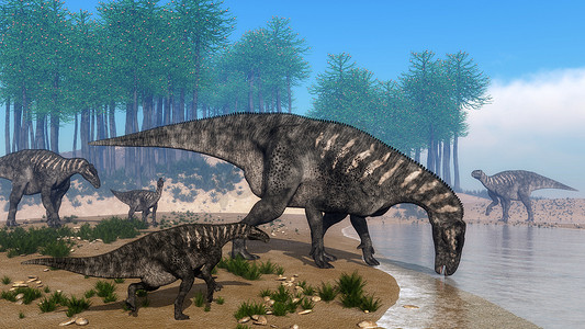 卡海滩摄影照片_Iguanodon 恐龙群在海岸线 — 3D 渲染