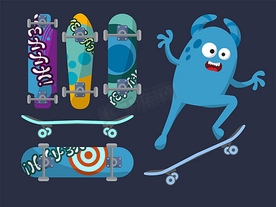 运动员漫画摄影照片_深色背景上的一组明亮的滑板，上面有一个欢快的蓝色怪物。