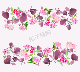 水彩花环摄影照片_水彩春花玉兰、粉红樱桃和苹果树 bl