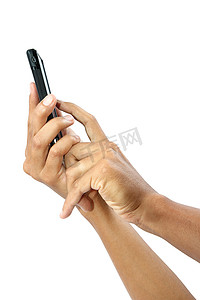 男性手触摸与剪报隔离的移动智能手机