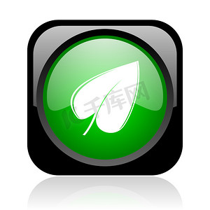绿色循环图标摄影照片_叶黑色和绿色方形 web 光泽图标