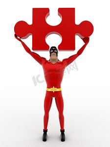 手持红色拼图的 3d 超级英雄概念