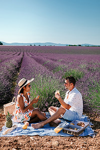 一对中年男女在普罗旺斯度假，参观法国盛开的薰衣草田