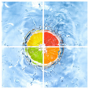 气泡柑橘摄影照片_柑橘的混合物滴入水中，气泡在白色上分离