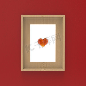 红白色海报摄影照片_红墙上的空白木框，里面有玻璃宝石心。 