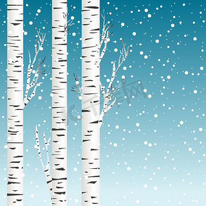 与白桦树和雪花的冬天背景