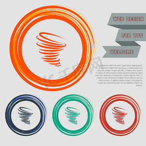 红色、蓝色、绿色、橙色按钮上的龙卷风图标为您的网站和带有空格文本的设计。