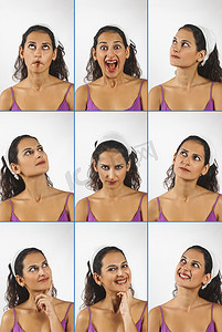 怒气表情摄影照片_年轻女性面部表情的拼贴画