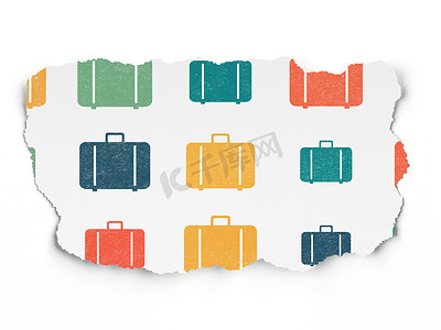 旅行的概念： 撕纸背景上的袋子图标