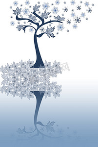 带叶子的抽象树，白蓝色背景中的雪花