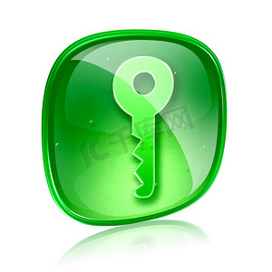 钥匙图标绿色玻璃，隔离在白色背景上