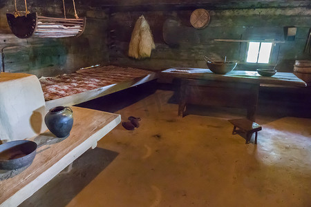 古代博物馆的房间，里面有小屋和日常生活用品。