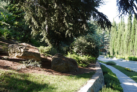 大胡同摄影照片_公园里覆盖着干苔藓的大石头。