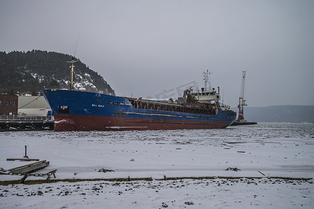 在降雪中，巴尔散装船停泊在哈尔登港的码头