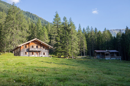 阿尔卑斯山田园诗般的山景：山间小屋、草地和蓝天