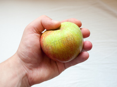 野生苹果摄影照片_白色背景中手拿野生采摘的新鲜苹果