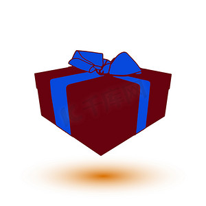 深红色礼品盒，配有蓝色蝴蝶结和丝带。