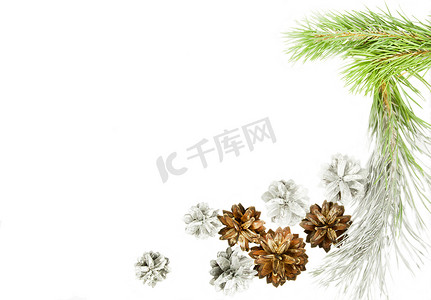 绿色云杉树枝与圣诞装饰隔离在白色