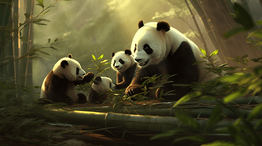 竹林里有一群国宝大熊猫在玩耍
