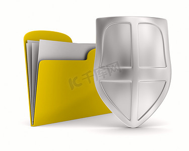 电脑文件夹图标摄影照片_带盾牌的黄色电脑文件夹。