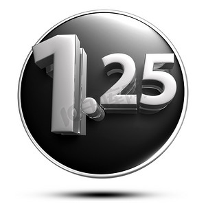 数字 1.25 隔离在白色背景插图 3D 渲染与剪切路径。