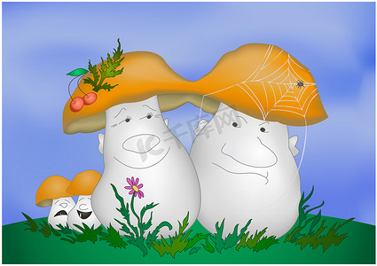 卡通绿色蘑菇摄影照片_卡通蘑菇