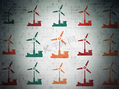 数码风背景摄影照片_制造理念： 数码纸背景上的风车图标