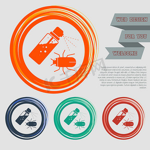 蚊子喷雾，红色、蓝色、绿色、橙色按钮上的 Bug 图标为您的网站和带有空格文本的设计。