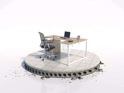 一个概念性项目，其中办公楼的地板被切割成一个圆圈，还有一张办公桌，3d 渲染图