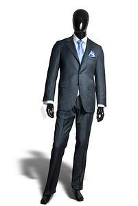 蓝色人体模型摄影照片_人体模型上的商务深灰色套房与白色隔离