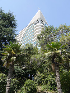 一栋现代住宅的高立面，别致的建筑耸立在下面的绿树上。