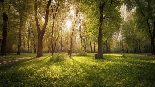 太阳晴天摄影照片_公园的阳光束与绿色草树林