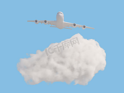 淡蓝色背景上有云的飞机。
