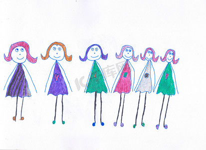 五颜六色包装盒摄影照片_六个女孩穿着五颜六色的不同连衣裙，带着心。