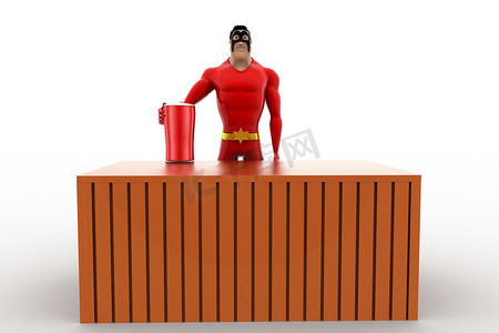桌上有红色玻璃的 3d 超级英雄概念