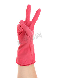手显示两个戴着红色橡胶手套。