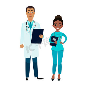 医学卡通摄影照片_卡通非洲裔美国医生和护士。