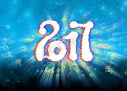新年快乐 2017 孤立数字写在明亮的散景背景充满飞行数字 3d 插图