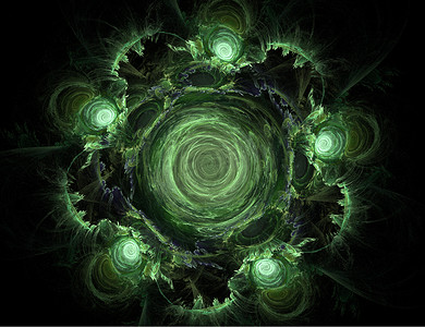 绿色爆炸形摄影照片_在黑色背景上的抽象绿色漩涡