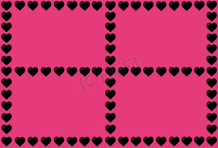 黑色心形背景摄影照片_粉红色背景上的黑色心形。