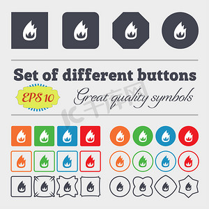 火火焰图标标志 大套五颜六色、多样、高质量的按钮。