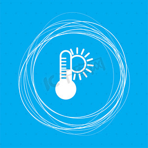 蓝色背景上的温度、医学温度计、天气气候图标，周围有抽象圆圈，并为您的文本放置。