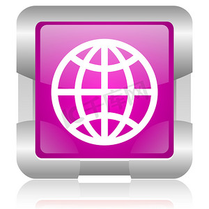 光泽球摄影照片_地球粉红色方形 web 光泽图标