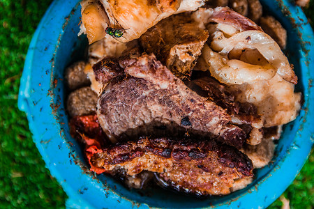 烤肉片摄影照片_狗食碗中不同种类的烤肉片