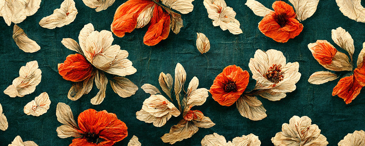 绿色暖色调摄影照片_织物上的抽象图案以花朵的形式呈现在红色、绿色和奶油色的温暖色调中