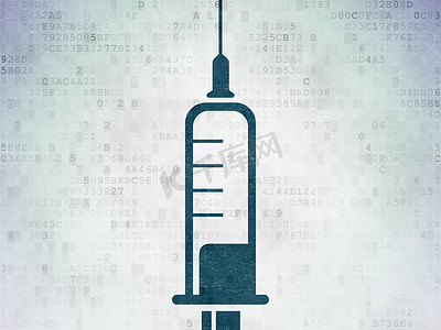 医疗保健概念： 数字数据论文背景上的注射器
