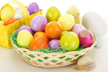 篮子里的复活节彩蛋和小鸡
