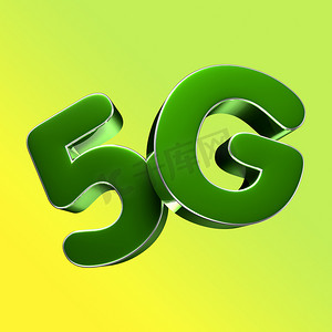 3D 插图 5G 绿色隔离在黄绿色背景上，带有剪切路径。