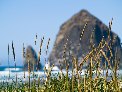 堆摄影照片_俄勒冈海岸崎岖不平的岩石海滩，以干草堆岩为特色
